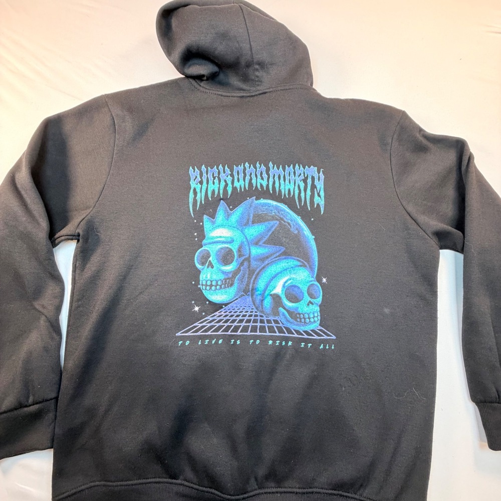 Rick And Morty Members Only Hoodie Medium Black Graphic Pullover Skull Adult